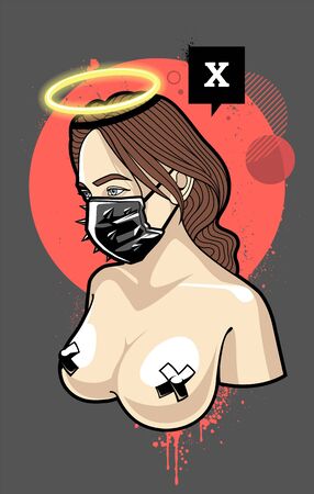 Sexy naked lady with big boobs in bdsm leather mask with halo. Abstract grunge background. Vector illustration.のイラスト素材