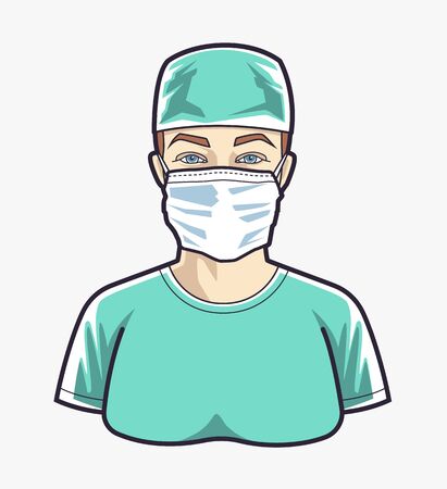 Woman doctor in respiratory mask. Medical worker character. Vector graphic.のイラスト素材