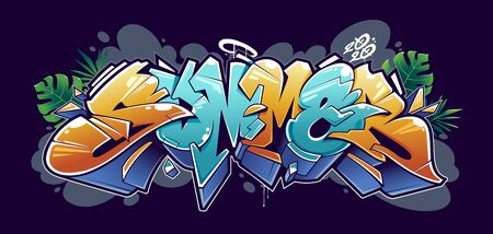 Summer Graffiti Lettering Vector Art. Juicy 3D letters in wild style with clouds and tropical leaves on black background. Vector illustration.のイラスト素材