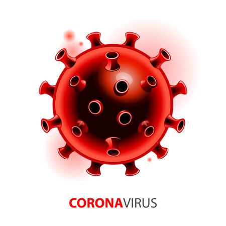 3D COVID-2019 red cells. White background with bacteria and inscription coronavirus. 2019-nCoV concept. Vector illustration.のイラスト素材