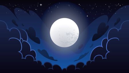 Cloudy night sky with glowing moon. Cartoon style magic night sky. Deep blue colors. Vector illustration.のイラスト素材