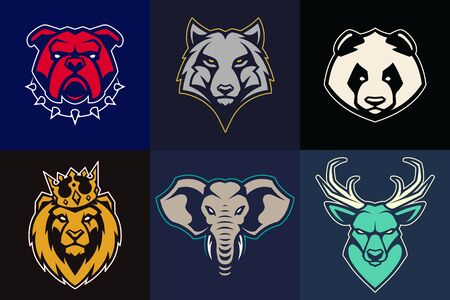 Set of animal mascots with different colors. Vector animal heads with determined expression. Good for logo design, sport emblem, brand mascot, avatar. Vector icon set.のイラスト素材
