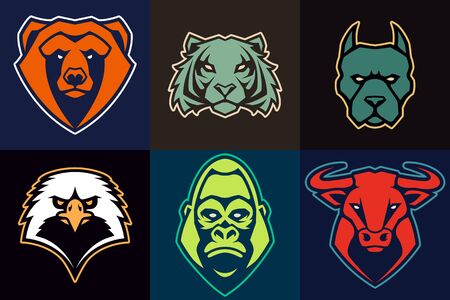 Set of animal mascots with different colors. Vector animal heads with determined expression. Good for logo design, sport emblem, brand mascot, avatar. Vector icon set.のイラスト素材