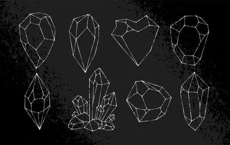 White hand-drawn crystal shapes. Line art. Asymmetric crystal icons on black grunge background. vector illustration.のイラスト素材