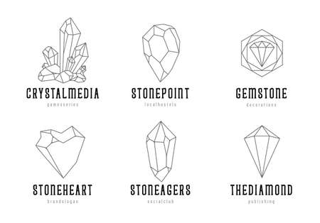 Hand-drawn crystal shapes with text. Line art crystal templates isolated on white background. vector illustration.のイラスト素材