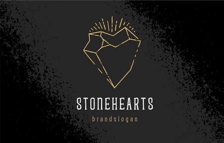 Stone Heart Vector Template. Line art heart icon with rough stone shapes and dirty lines. Asymmetric crystal icon on black grunge background. vector illustration.のイラスト素材