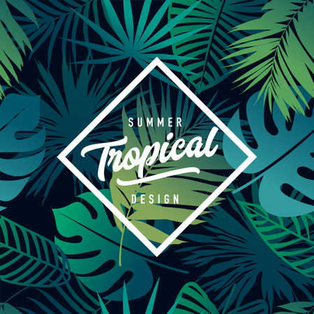 Modern geometric shape banner with lettering on tropical seamless pattern with fresh leaves. Tropical design template. Vector EPS10 illustration.のイラスト素材