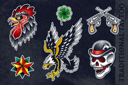 Set of most popular old school tattoo illustrationsのイラスト素材