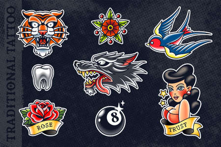 Set of most popular old school tattoo illustrationsのイラスト素材