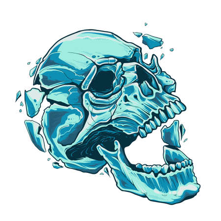 The skull with open moth explodes from within. Blue cracked skull on white background. Vector  illustration.のイラスト素材