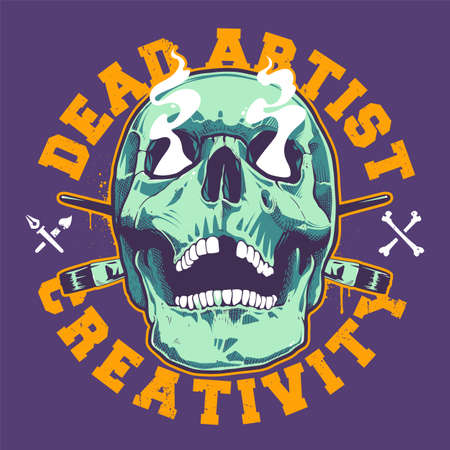 Grunge Style Print With Artist Skull. Skull with open mouth and smoking eyes. Two crossed brushes behind. Bold typography in circle shape. Vector art.のイラスト素材