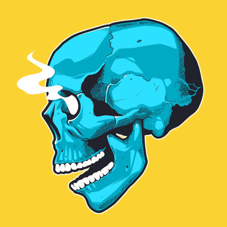 Pop Art Style Skull With Smoking Eyes. Side view blue skull on yellow background. Vector print design.のイラスト素材
