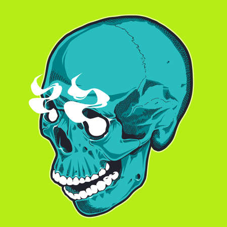 Pop Art Style Skull With Smoking Eyes. Turquoise skull on green background. Vector print design.のイラスト素材
