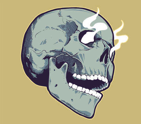 Pop Art Style Skull With Smoking Eyes. Green skull on yellow background. Vector print design.のイラスト素材