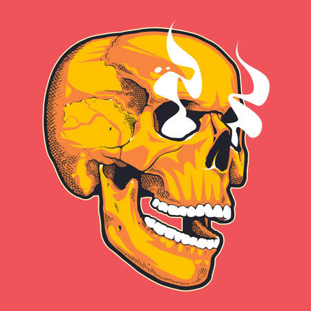 Engraving Style Skull With Open Mouth. Black and white vector illustration of skull side view. Vector object isolated on white.のイラスト素材