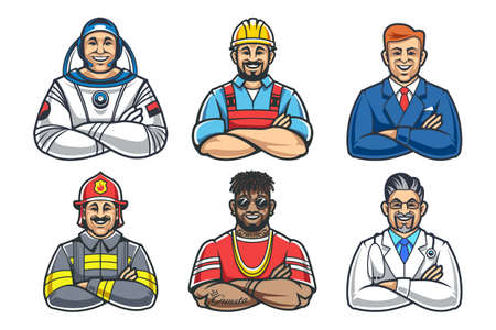 Cartoon style smiling men with crossed hands. Different profession characters: astronaut, builder, businessman, fireman, rapper and doctor. Vector icon set.のイラスト素材