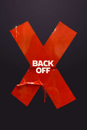 Red cross made of sticky tape with words "Back Off" on black background. Vector EPS10 illustration.のイラスト素材