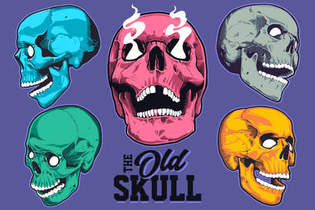 Set of pop art skulls with different vibrant colors isolated on purple background. Collection of vector skulls.のイラスト素材