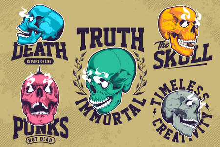 Set of grunge emblems with pop art skulls with smoking eyes. T-shirt print design templates.のイラスト素材