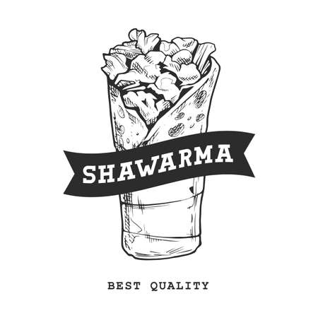 Shawarma Retro Emblem. Black and white. Shawarma sketch.のイラスト素材