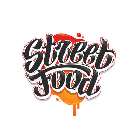 Street Food Lettering. Handwritten graffiti words 'Streed Food'. Black freehand letters on sauce stain.のイラスト素材