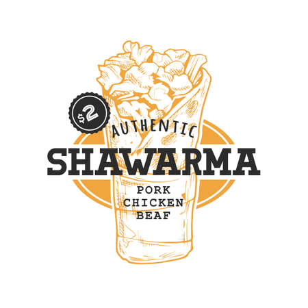 Shawarma Retro Emblem. template with black text and yellow shawarma sketch on white background.のイラスト素材
