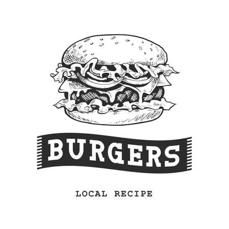 Burger Retro Emblem. Black and white burger sketch.のイラスト素材