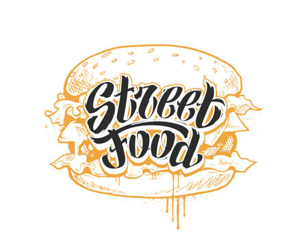 Street Food Lettering And Burger. Handwritten graffiti words 'Streed Food'. Black freehand letters and hand-drawn burger.のイラスト素材