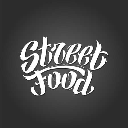 Street Food Vector Lettering. Handwritten graffiti words 'Streed Food'. White freehand letters on dark background.のイラスト素材