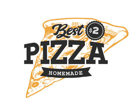 Pizza Retro Emblem. Logo template. Black text and yellow pizza sketch.のイラスト素材
