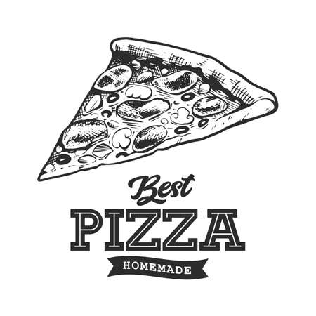 Pizza Retro Emblem. Logo template. Black and white pizza sketch.のイラスト素材
