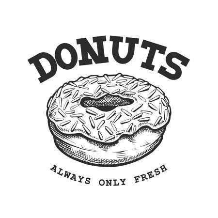 Donut Retro Emblem. Logo template with black and white letters and donut sketch.のイラスト素材