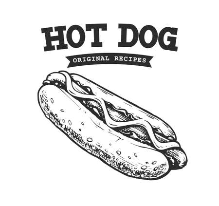 Hot Dog Retro Emblem. Logo template. Black and white text and hot dog sketch.のイラスト素材