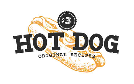 Hot Dog Retro Emblem. Logo template. Black text and yellow hot dog sketch.のイラスト素材
