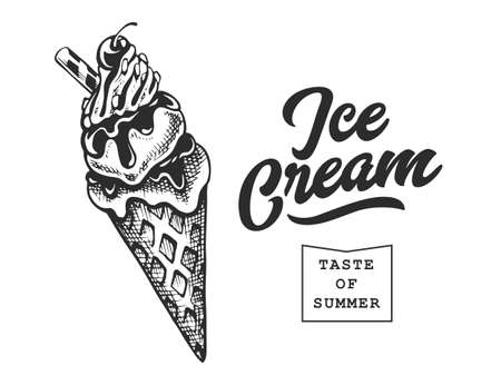 Ice Cream Retro Emblem. Logo template. Black and white text and ice cream sketch.のイラスト素材