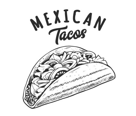 Tacos Retro Emblem. Logo template with black and white letters and tacos sketch.のイラスト素材