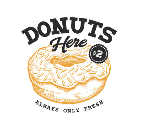 Donut Retro Emblem. Logo template with black letters and yellow donut sketch.のイラスト素材