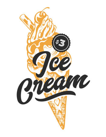 Ice Cream Retro Emblem. Black text and yellow ice cream sketch.のイラスト素材