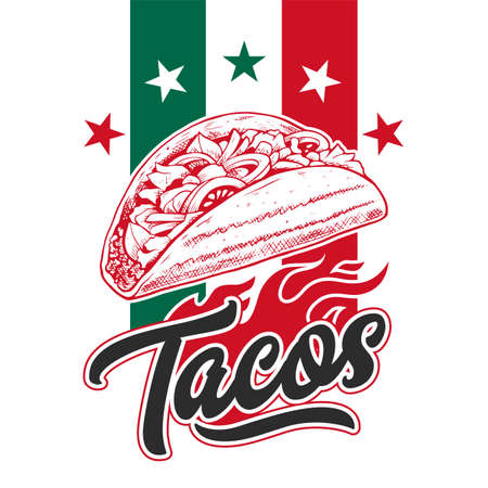 Retro Taco Design Template. Hand drawn taco on Mexican flag with stars and flame. EPS10 vector illustration.のイラスト素材