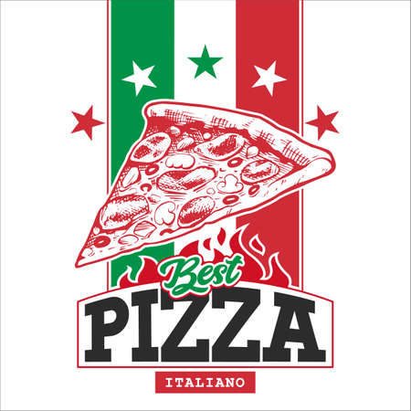 Retro Pizza Box Design Template. Hand drawn pizza slice on Italian flag with stars and shapes for text. EPS10 vector illustration.のイラスト素材