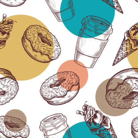 Coffee Shop Seamless Pattern. Engraving style illustrations of coffee paper cups, donuts and ice cream cones on pastel color circle shapes.のイラスト素材