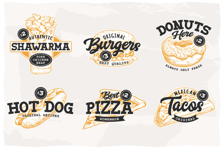 Set of retro emblems with most popular street food: shawarma, burger, donut, hot dog, pizza, tacos.のイラスト素材