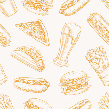 Street Food Seamless Pattern. Wrapping paper design. Yellow engraving style illustrations of burger, pizza, sandwich, taco, french fries, hot dog, shawarma and beer.のイラスト素材