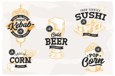 Set of retro emblems with most popular street food and drinks.のイラスト素材
