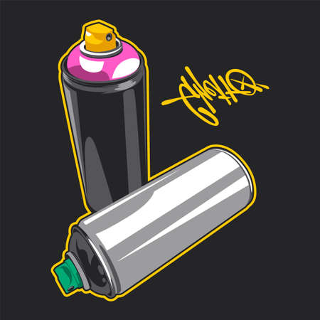 Two graffiti aerosol spray cans isolated on black. Vector art.のイラスト素材