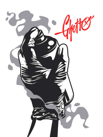 Graffiti black and white art of hand in black glove holding aerosol can. Street art design element. Isolated on white.のイラスト素材
