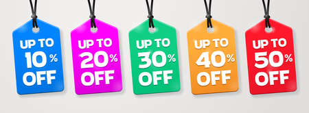 Vector sale paper labels with numbers from 10 to 50 percent. Bright coloured discount emblems on soft light background. Vector EPS10 graphics.の写真素材