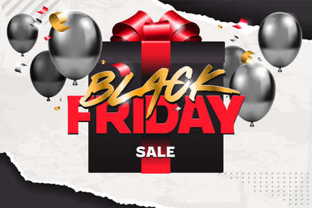 Black Friday Sale Vector Banner. Red and gold letters on black gift box with red bow. Paper style background with balloons and confetti. Vector EPS10 graphics.の写真素材