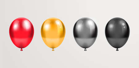 Four vibrant glossy realistic decorative balloons. Red, gold, silver and black balloons on soft light background. Vector EPS10 graphics.の写真素材