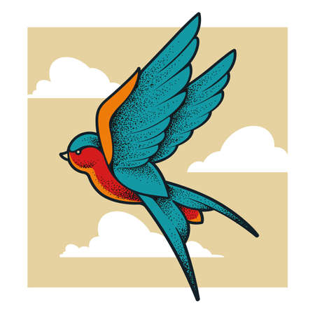 Old school tattoo swallow bird flying in clouds. Dotwork style vector art.のイラスト素材